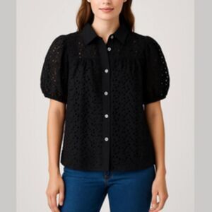 Theory Black Cotton Eyelet Puff Sleeve Button Front Blouse Size L